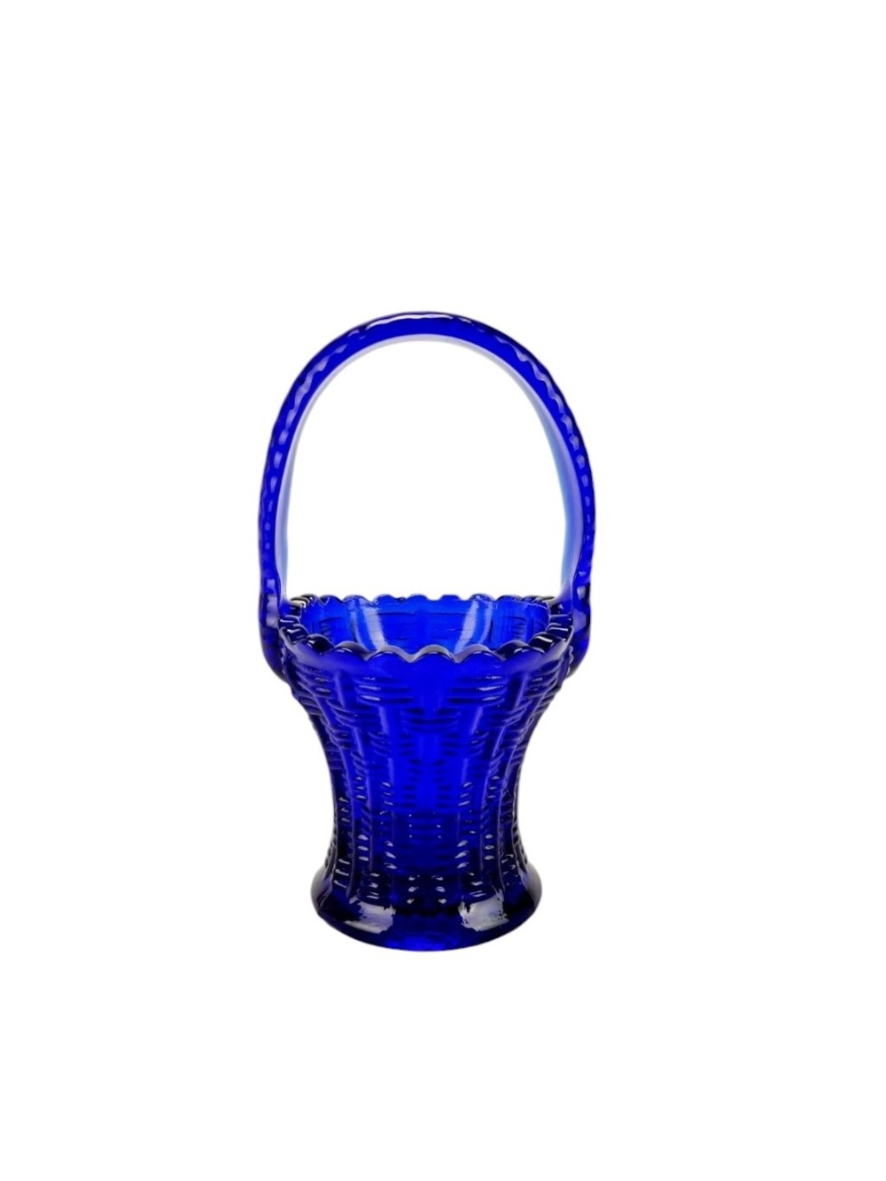 vintage cobalt blue glass basket, bride's basket, 5.5”
